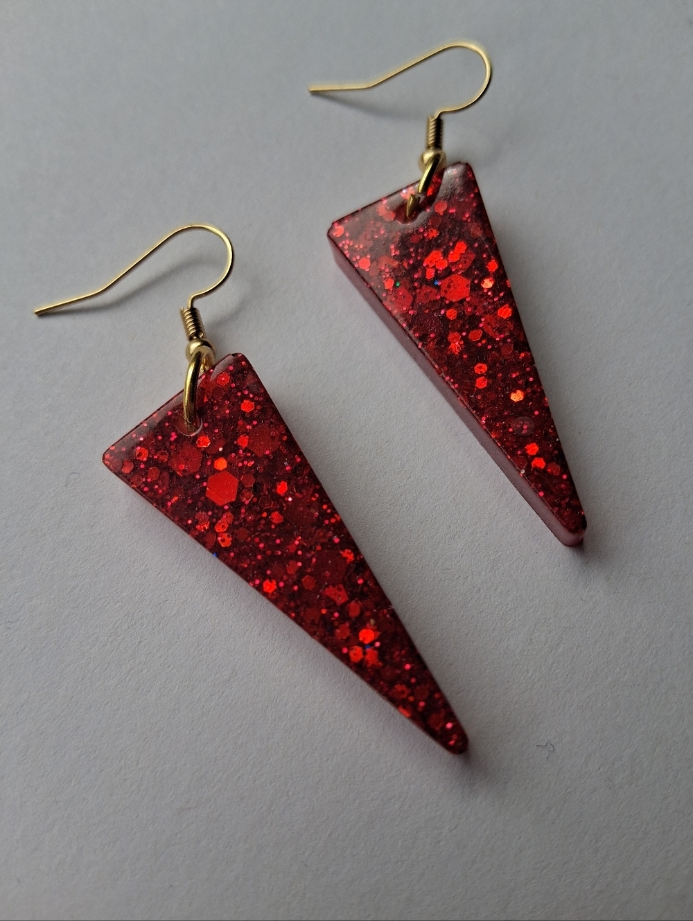 Handmade Red Glitter Triangle Drop Earrings - Women Jewelry - Picture 4 of 5